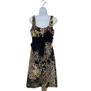 Kay Unger Black Yellow Bow Detail Brocade A-Line Cocktail‎ Dress Sz 6